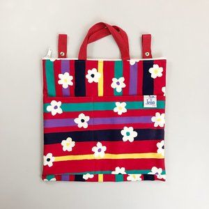 JENO Vintage 80s 90s Book Bag Tote Colorful Kawaii Flowers & Stripes Red